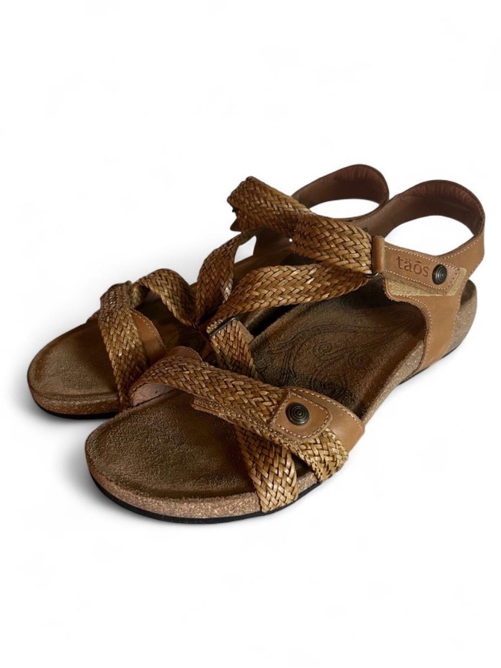 Taos Brown leather sandals with woven straps, size US 8.5 #summer #comfort